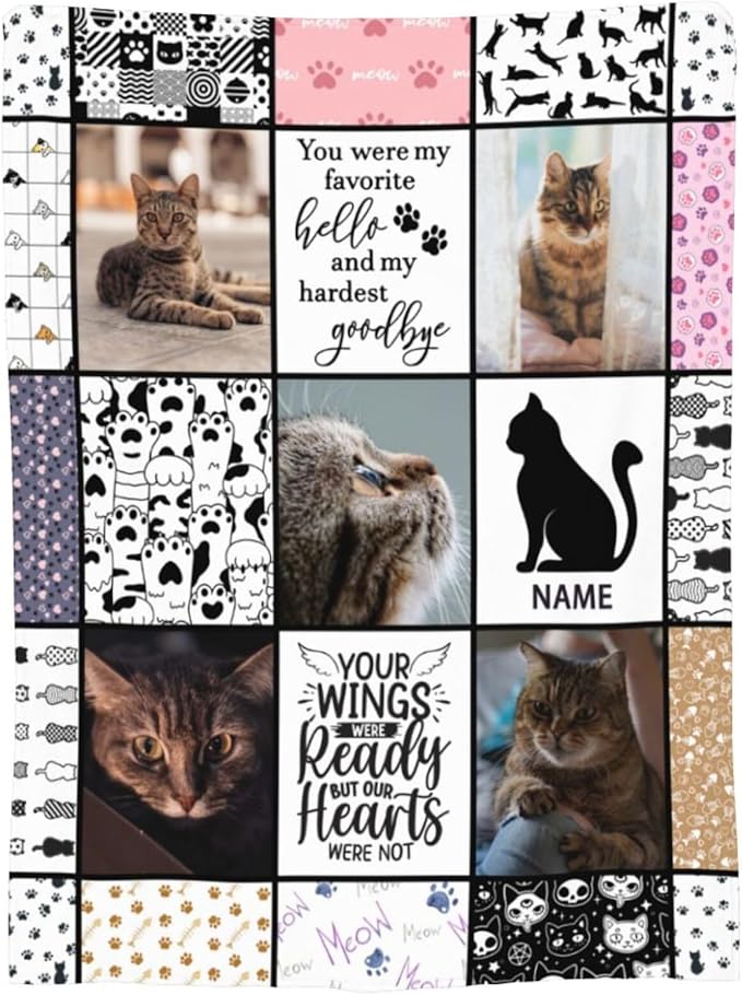 Funnylife Personalized Pet Memorial Gifts for Cats, Flannel Custom Cat Photo Memory Blankets Sympathy for Loss of Cat Bereavement Gifts 50"x60"