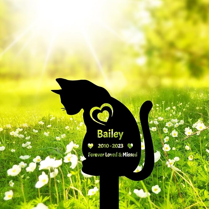 Custom Metal Cat Memorial Grave Marker Garden Stake, Personalized Pet Memorial Stake Grave Marker for Cat Grave Decorations, Customized Cat Headstone Tombstone Memorial Markers for Outdoors