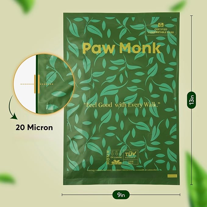 Paw Monk Certified Home Compostable Dog Poop Bags Rolls – Extra Thick, Strong & Leakproof, Easy Open – 120 Count Unscented Plant Based Pet Waste Bags