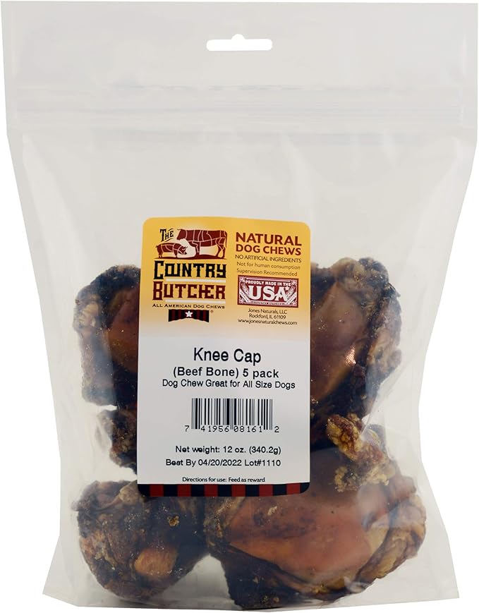 Beef Knee Caps Dog Bones for Aggressive Chewers, Medium Breed Dog Treat, Natural, Tough, Chew Toy, Made in The USA, 5 Count