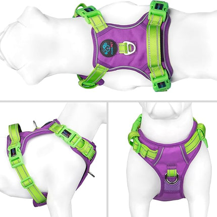PHOEPET No Pull Dog Harness, Unique Colors Reflective Adjustable Dog Vest, with Soft Training Handle Metal Clips for Small Medium Large Dogs (Purple Base & Green Straps,M)