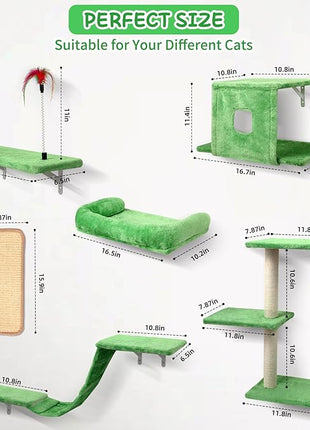 Cat Wall Shelves, 6 in 1 Cat Wall Furniture Set with Condos House, Bed, Bridge, Tree, Steps, Scratching Board, DIY Walls Playground for Indoor (Green)