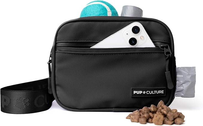 Pup Culture Cross Body Dog Training Treat Pouch | Removable for Anytime Puppy Training | Built-in Poop Bag Dispenser & Used Bag Holder | Stylish Black