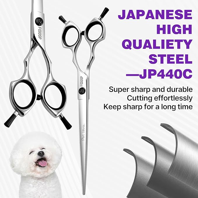 Straight Dog Grooming Scissors 7.5 in Professional Dog Hair Scissor Trimming Dogs Pet Cat Shears Japan 440C Symmetric Handle Light Weight for Cutting Body Leg Hairs(7.5)