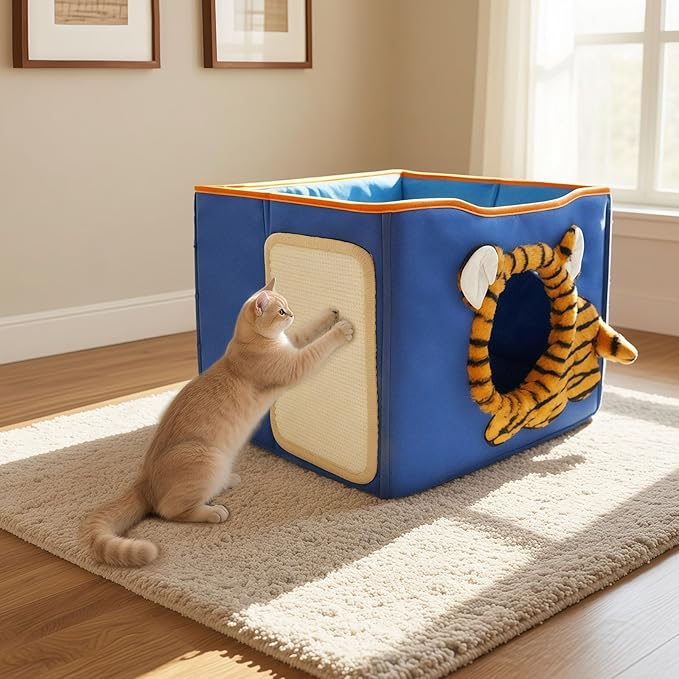 CWV Cat Houses for Indoor Cats, Cute Cat Cave Bed with Scratch Pad, Foldable Cat Cube for Multiple Large Cats, 17X17x13inch, Tiger Design