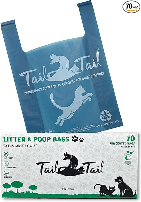 Biodegradable Cat Litter Bags for Poop and Pee (70 Extra Large 18 X 18 with Gussets expanded). Leak proof, Durable, Unscented, Compostable, Strong, with Handles.