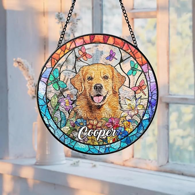 Custom Dog Portrait Stained Glass Window Hanging Light Catcher, Pet Memorial Stained Glass Photo, Dog Memorial Gift Pet Loss Sympathy Gift