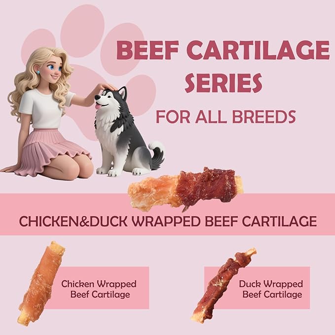 ASMPET Dog Treats, Chicken & Duck Wrapped Beef Cartilage, Rawhide Free & Grain Free Dog Snacks