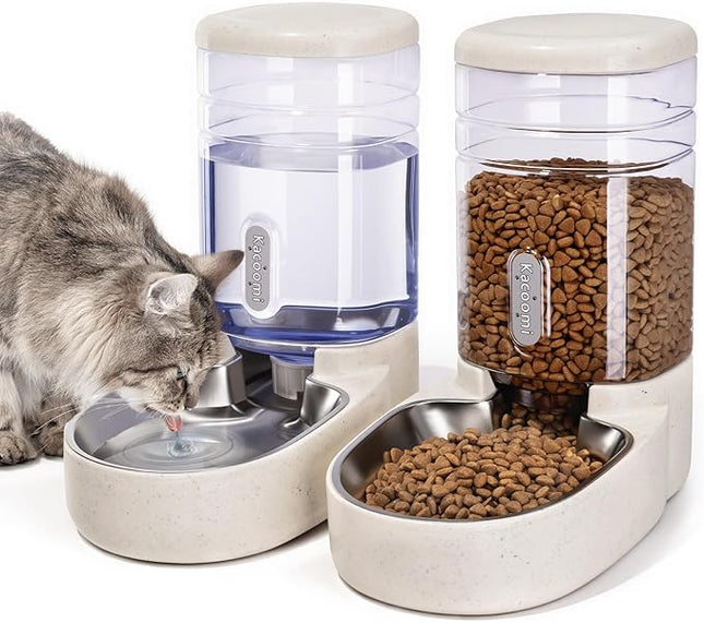 Automatic Cat Feeder and Water Dispenser with Stainless Steel Bowl Gravity Food Feeder and Waterer Set for Small Medium Dog Puppy Kitten 1 Gallon x 2(Beige)