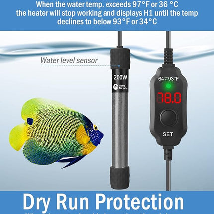 AquaMiracle Adjustable 200W Aquarium Heater Submersible Fish Tank Heater Super Short Aquarium Heater with LED Digital Display Thermostat, for Tanks 20-40 Gallons