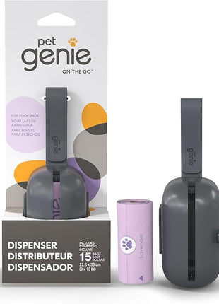 On-the-Go Dog Poop Bag Dispenser for Leash - Compact & Easy to Use Device for Pet Supplies with 2-Point Secure Attachment, Includes 1 Roll (15 count) of Scented Poop Bags, (Lavender Scent)