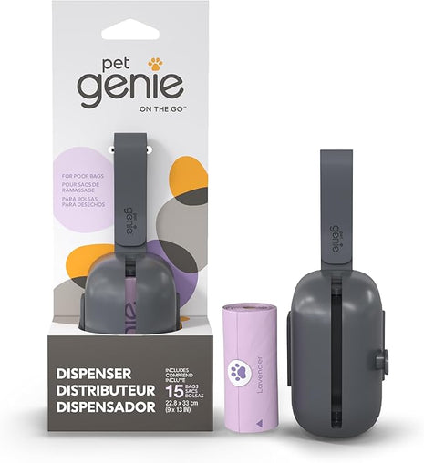 On-the-Go Dog Poop Bag Dispenser for Leash - Compact & Easy to Use Device for Pet Supplies with 2-Point Secure Attachment, Includes 1 Roll (15 count) of Scented Poop Bags, (Lavender Scent)