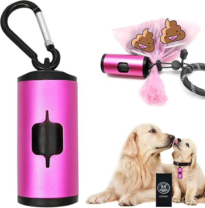 Aluminum Dog Poop Bags Holder with Carabiner Metal Pet Waste Bags Dispenser with Hook and Loop Fastener and Elastic Cord to Carry Used Bags(Pink, 1 Holder 15 Bags)