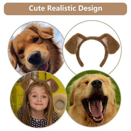 Beviliu Dog Ears Golden, Realistic Animals Ears Headband Brown, Fluffy Cat Bunny Bear Costume Halloween Christmas for Washing Makeup Cosplay Party