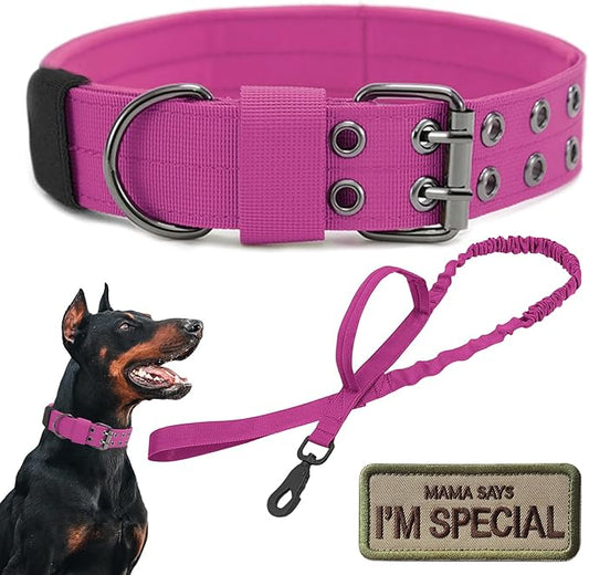Tactical Dog Collar Military Adjustable Dog Collars Soft Nylon Training Collar with Patch Heavy Duty Metal Buckle Collars for Medium Large Dogs (Pink-1, M)