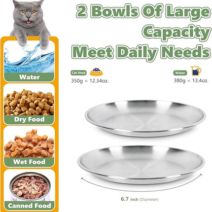 6-Pack Stainless Steel Cat Food Bowls, Shallow Whisker-Friendly Non-Slip Silicone Base Metal Dishes, Easy to Clean Indoor Feeding Flat Plates for Cat, Kitten, Small Dog (6.7")