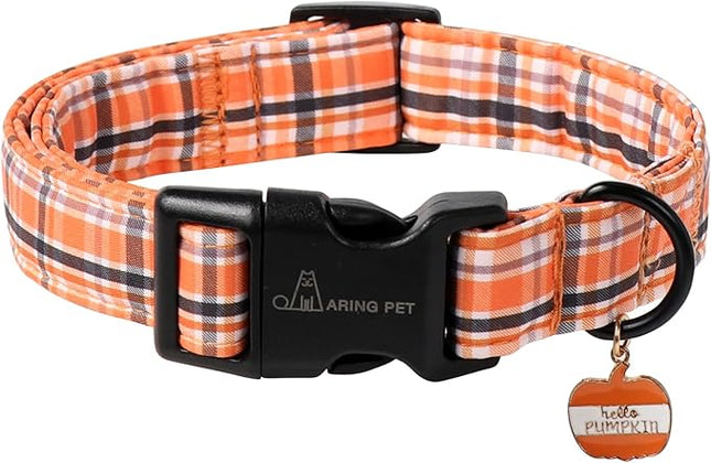 ARING PET Puppy Fall Dog Collar, Autumn Orange Black White Plaid Pet Collars for Small Medium Large Girl Boy Dogs Halloween-XL Size