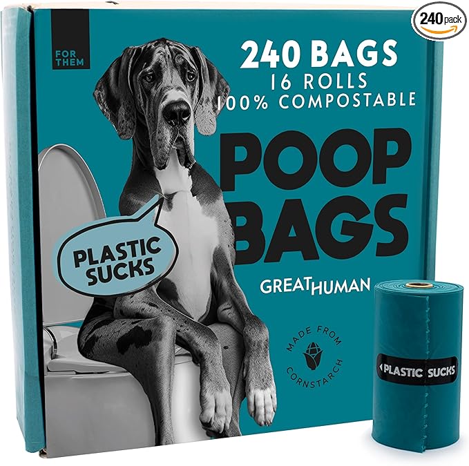 GREAT HUMAN Certified Home Compostable Dog Poop Bags (240 Count/16 rolls) Plant Based Material, Plastic Free Biodegradable Poop Bags, Extra Thick, Leakproof, Unscented, ASTM D6400 & EN 13432 Compliant