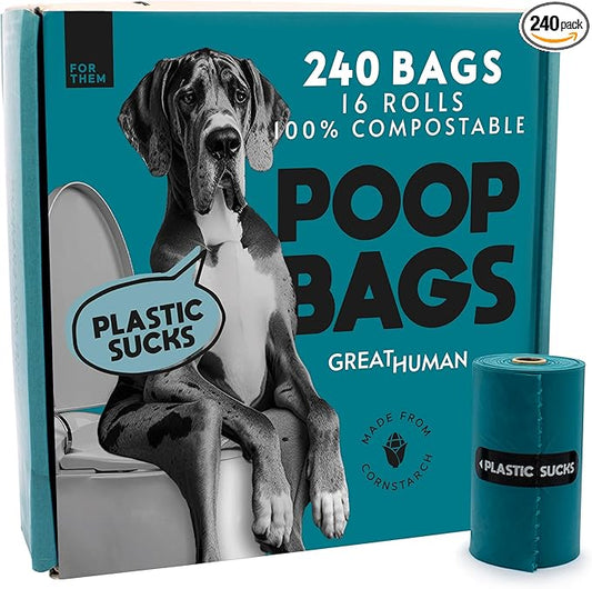 GREAT HUMAN Certified Home Compostable Dog Poop Bags (240 Count/16 rolls) Plant Based Material, Plastic Free Biodegradable Poop Bags, Extra Thick, Leakproof, Unscented, ASTM D6400 & EN 13432 Compliant