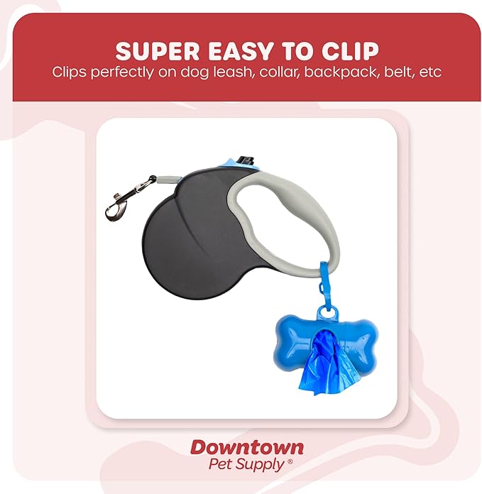 Downtown Pet Supply Poop Bags for Dogs with Dispenser, 180 Count - Leak-Proof Dog Waste Bags and Bone-Shaped Dog Poop Bags Holder for Leash - Blue, 12.5" x 8.5"