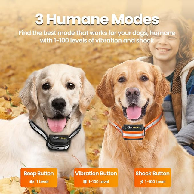 ROJECO Dog Shock Collar for 2 Dogs with 3300FT Remote，IPX7 Waterproof Rechargeable Shock Collar for Large Medium Small 2 Dogs for 4 to 120 lbs，3 Safe Training Modes with Beep，Vibration and Shock