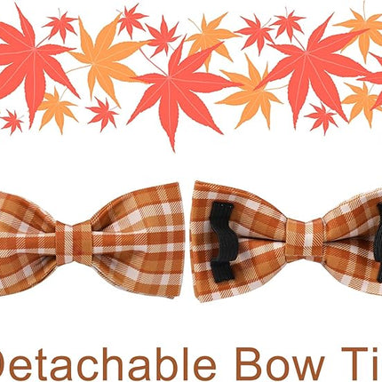 Fall Plaid Dog Collar and Bow Tie Set – Brown Orange Checkered Adjustable Collar with Maple Leaf Charm for Small Medium Large Dogs, Soft Cotton Puppy Collar with Quick Release Buckle