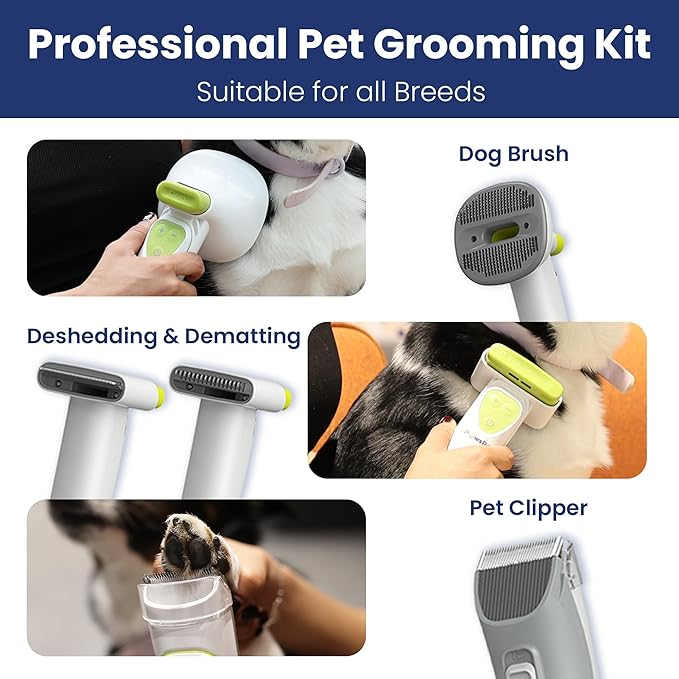 Professional Dog Grooming Vacuum Kit, Dogs & Cats, Direct Handheld Control, 7 Grooming Tools, Deshedding and Dematting for Grooming, Large 2.2L Dust Bin, UL, HEPA Filter