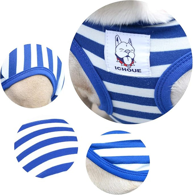 iChoue 2pcs French Bulldog Striped Shirts 100% Breathable Cotton Tank Tops Vests Clothes for Frenchie Dogs, Blue and Green Stripes, Large