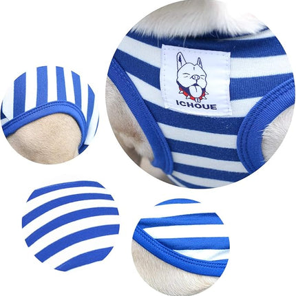iChoue French Bulldog 100% Breathable Cotton Striped T Shirts Halloween Vest Clothes for Medium Dogs Tank Tops Frenchie Pug English Boston Terrier Pitbull White Blue Stripes - Large