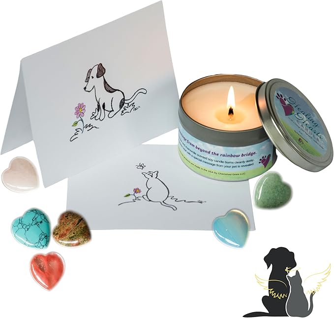 Pet Perennials Healing Hearts Pet Memorial Candle with Keepsake Heart Stone – Remembrance Candle for Loss and Sympathy – Soy Candles with Hidden Feng Shui Stone