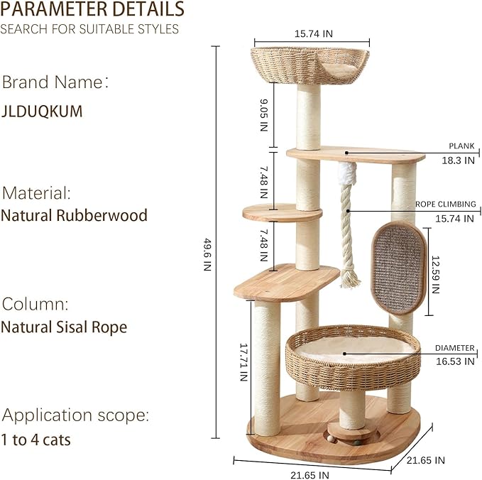 Wooden Cat Tree for Large Cat, 49.6-Inch Tall Cat Tower with Scratching Post for Indoor Cats, Multi-Level Cat Condo with Hand-Woven Cat Bed and Scratching Board Easy to Clean