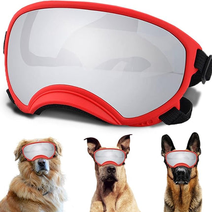 Large Dog Sunglasses with Adjustable Strap UV Protection, Winproof Puppy Sunglasses, Suitable for Medium-Large Pet Glasses, Dogs Eyes Soft Goggles, Red Silver