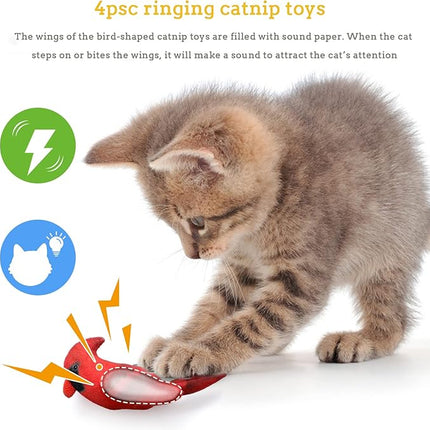 Dorakitten Cat Catnip Toys Interactive Cats 4pcs Kitten Plush Nip Chew Bird Toy with Crinkle Paper Pet Best Treats Stuffed Pillow Cute Teething Play Gifts Soft Kick Sound Supplies for Indoor Kitty