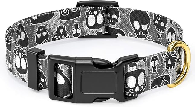 Rnivvi Dog Collar for Large Dogs, Cute Heavy Duty Adjustable Puppy Collar with Quick Release Buckle for Girl & Female, Pet Accessories for Walking Running, L Length 1" Width, Black Skull
