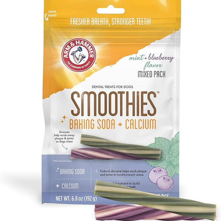 Arm & Hammer for Pets Smoothies Dental Treats for Dogs with Baking Soda and Calcium, Treat Chews Help Fight Bad Breath, Plaque & Tartar, Mint Blueberry & Mint, 8 Pcs