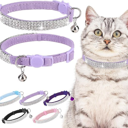 EXPAWLORER Soft Velvet Safe Cat Collars for Girl Cats - Rhinestones Adjustable Collars Breakaway- Chirstmas Cat Clollar Gifts with Bells for Boy Cats Kitty and Small Dogs(XS,Purple)
