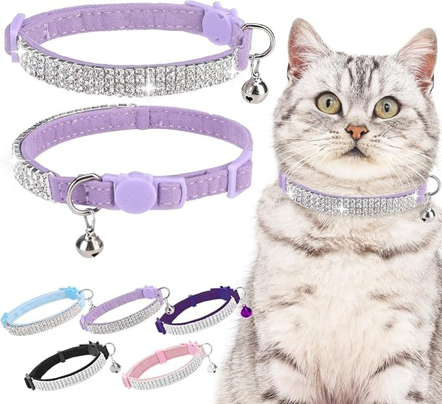 EXPAWLORER Soft Velvet Safe Cat Collars for Girl Cats - Rhinestones Adjustable Collars Breakaway- Chirstmas Cat Clollar Gifts with Bells for Boy Cats Kitty and Small Dogs(XS,Purple)