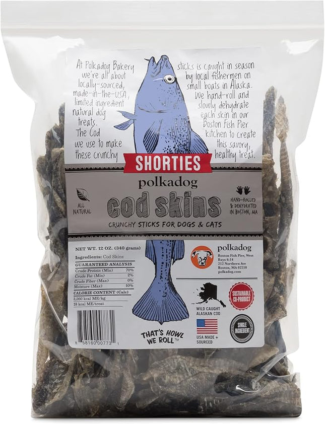 Polkadog Cod Skins for Dogs (12oz Shortie) - Single Ingredient, Wild-Caught Fish Skin Dog Treats for All Breeds – High in Lean Protein & Omega-3. Hypoallergenic, Grain Free. Handcrafted & Made in USA