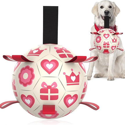 QDAN Valentines Gift Dog Toys, Pink Soccer Ball with Straps, Interactive Tug of War Toy, Puppy Birthday Gifts, Water Toy, Durable Dog Balls for Medium Large (8 Inch)
