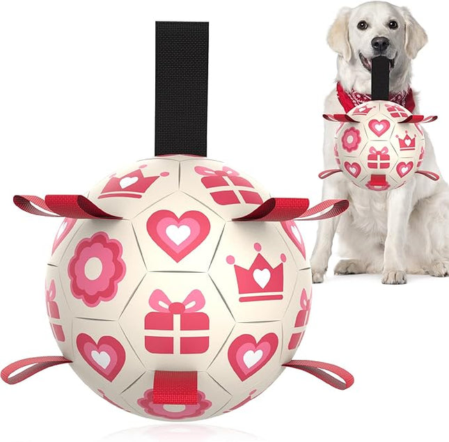 QDAN Valentines Gift Dog Toys, Pink Soccer Ball with Straps, Interactive Tug of War Toy, Puppy Birthday Gifts, Water Toy, Durable Dog Balls for Medium Large (8 Inch)