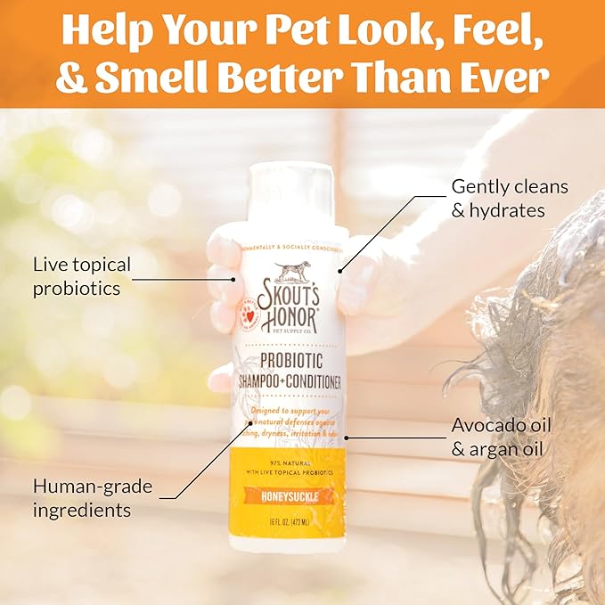 Skout's Honor Probiotic Dog Shampoo & Conditioner with Avocado Oil & Omega-3s, 97% Natural, Paraben & Sulfate-Free, Cruelty-Free, 16oz, Honeysuckle