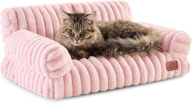 Hollypet Fluffy Plush Pet Cat Couch Soft Calming Pet Sofa Beds for Medium Small Cats and Dogs, Light Pink