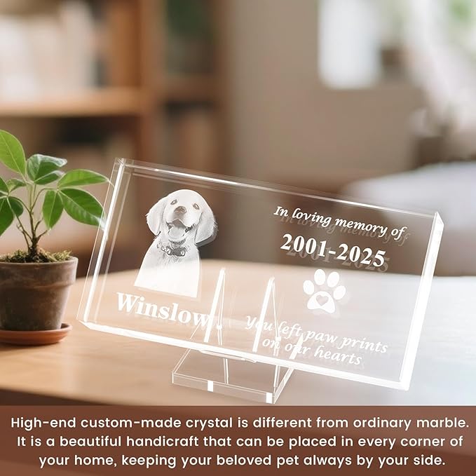 3D Crystal Pet Memorial Stone, Custom Laser Engraved Photo Remembrance Block with Gift Box, Pet Loss Sympathy Gift