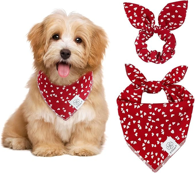 E-Clover Valentine Day Dog Bandana & Matching Scrunchie-Heart Dog Bandanas Red Pet Scarf Bib for Small Dogs Puppy Girl Boy Owner Valentines Mom Gift