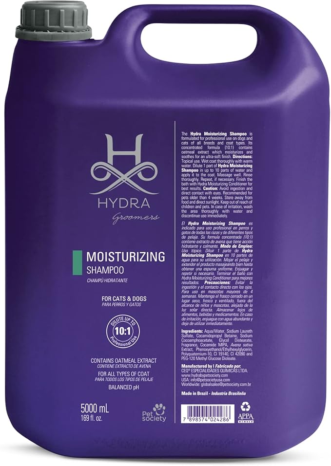 Hydra Professional Moisturizing Dog Shampoo, Oatmeal Bath for Dogs and Cats, Pet Wash for All Breeds and Coat Types, Promotes Healthy Skin and Coats, 169 fl.oz