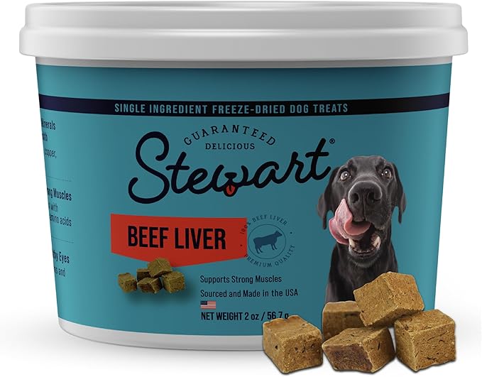 Stewart Single Ingredient Freeze Dried Raw Dog Treats, Beef Liver, 2 Ounce, Approx. 45 Pieces per Resealable Tub, Training Treats or Meal Topper, High Protein, Grain Free, Gluten Free