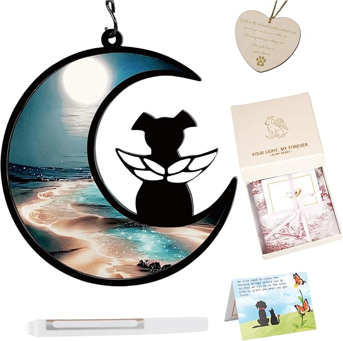 Dog Memorial Sun Catcher with Sympathy Cards, Loss of A Dog Sympathy Gift, Personalized Pet Memorial Gifts, Pet Remembrance Ornaments for Window Hanging - Moonlight