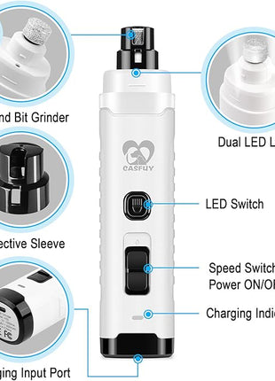 Casfuy Dog Nail Grinder with 2 LED Light for Large Medium Small Dogs - 3X More Powerful 2-Speed Electric Pet Nail Trimmer Rechargeable Quiet Painless Paws Grooming & Smoothing Tool (White)