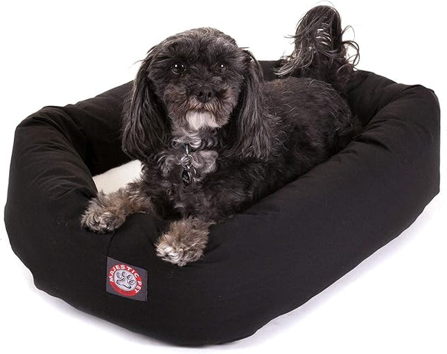 Majestic Pet 24 Inch Poly-Cotton Sherpa Calming Dog Bed Washable 24x18x7 (inch) – Cozy Soft Round Donut Dog Bed with Spine for Head Support - Pet Bed Small - Black