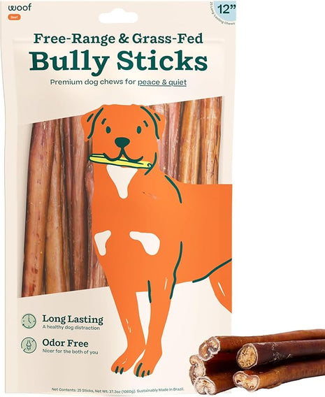 WOOF Bully Sticks Dog Treats - Chew Sticks for Dogs - Long-Lasting Dog Chew Treats - Made with Free-Range, Grass-Fed Beef- 12" Sticks - 25pk